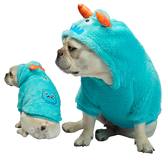 Buzo Monstruo Azul para perros y gatos en piel de conejo 
azul con orejas en capota vista frontal - Animal Power Colombia