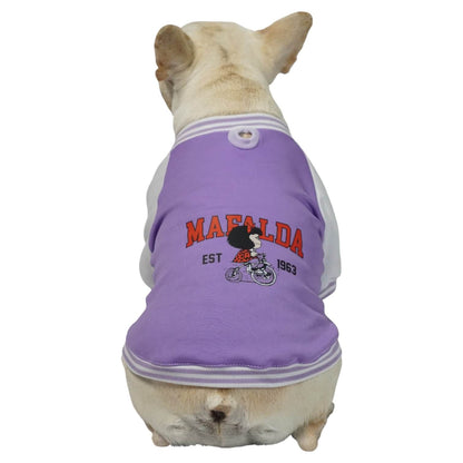 Beisbolera Mafalda morada para perros y gatos en algodón 
perchado vista frontal - Animal Power Colombia

