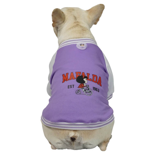 Beisbolera Mafalda morada para perros y gatos en algodón 
perchado vista frontal - Animal Power Colombia

