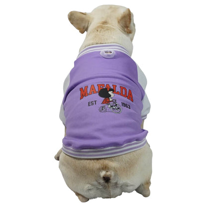 Beisbolera Mafalda morada para perros y gatos en algodón 
perchado vista frontal - Animal Power Colombia 3
