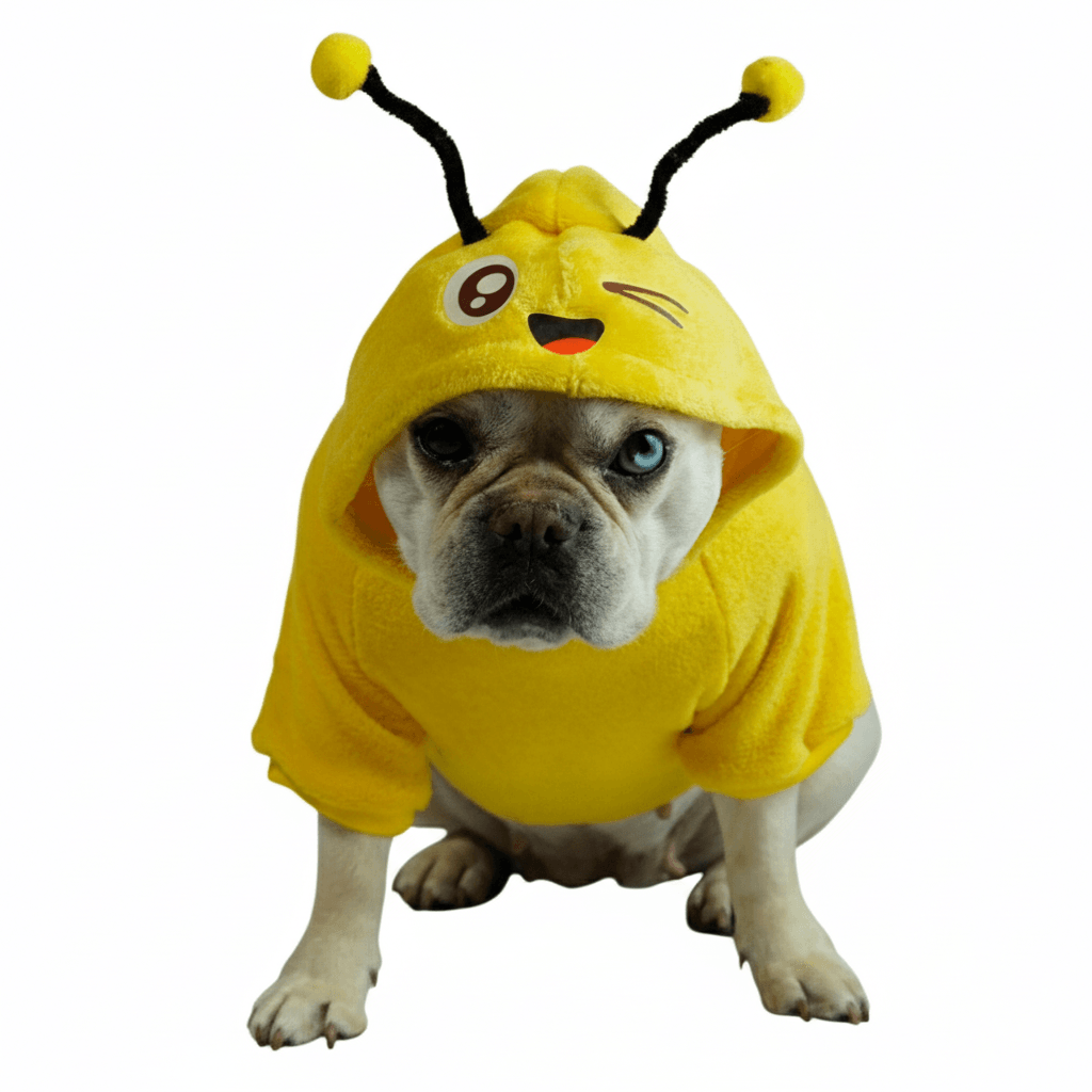 Buzo Abejita para perros y gatos en piel de conejo amarillo 
con antenas en capota vista frontal - Animal Power Colombia
