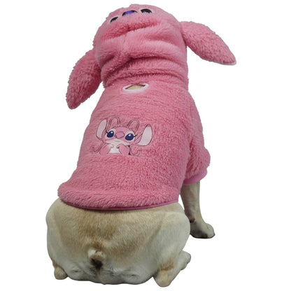 Buzo Angel Stitch rosa para perros y gatos en piel de 
conejo con orejas en capota vista frontal - Animal Power Colombia
