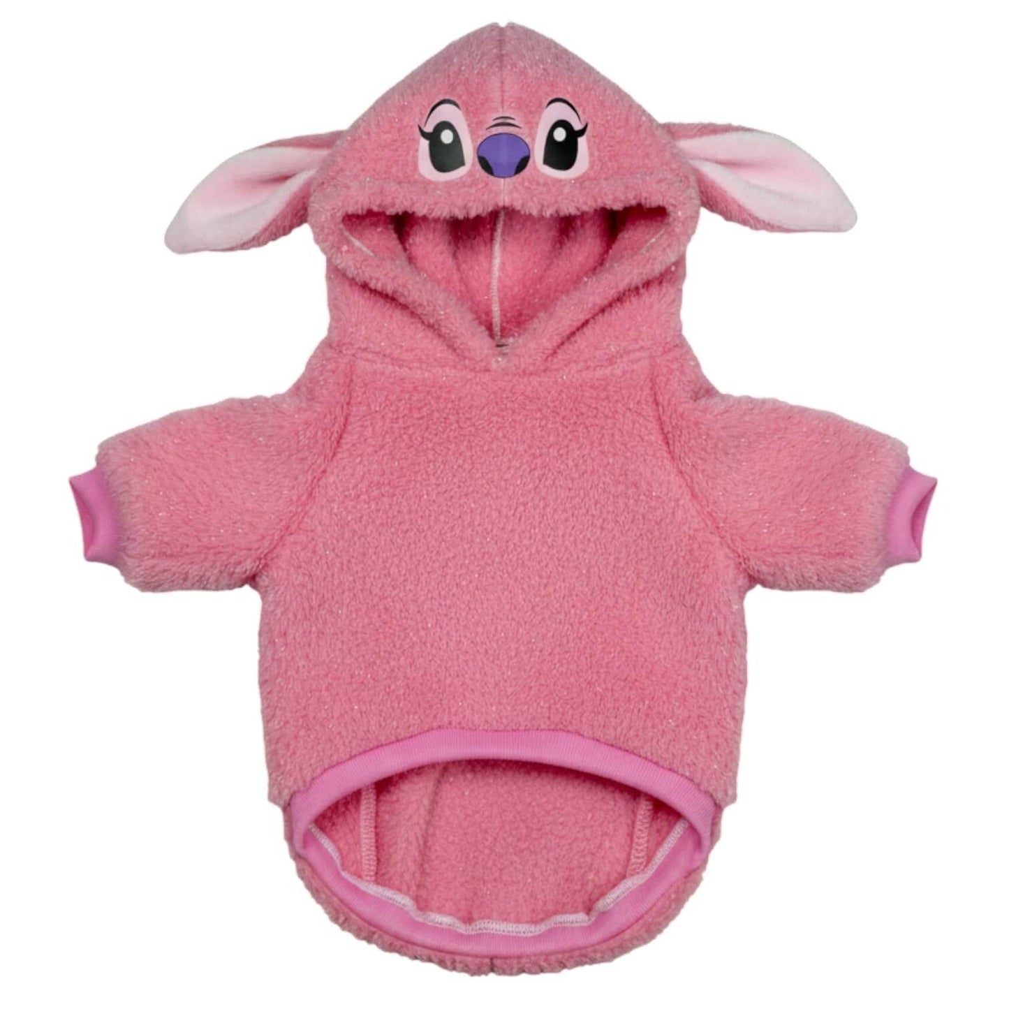 Buzo Angel Stitch rosa para perros y gatos en piel de 
conejo con orejas en capota vista frontal - Animal Power Colombia
