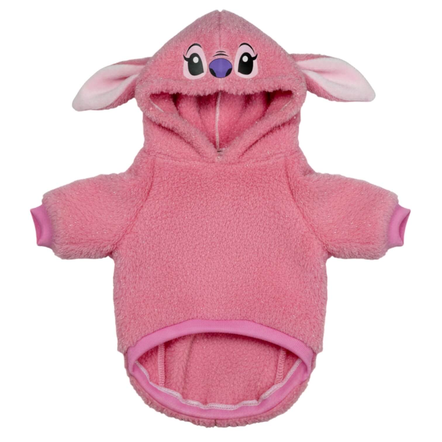 Buzo Angel Stitch rosa para perros y gatos en piel de 
conejo con orejas en capota vista frontal - Animal Power Colombia
