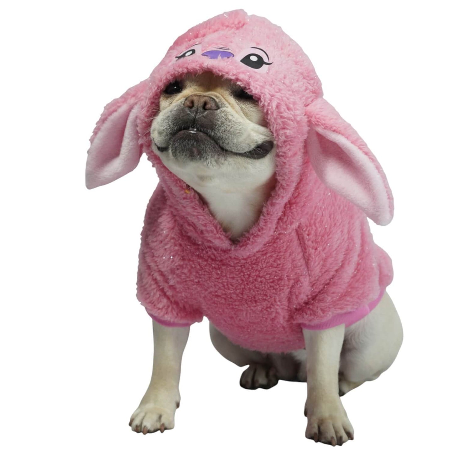 Buzo Angel Stitch rosa para perros y gatos en piel de 
conejo con orejas en capota vista frontal - Animal Power Colombia
