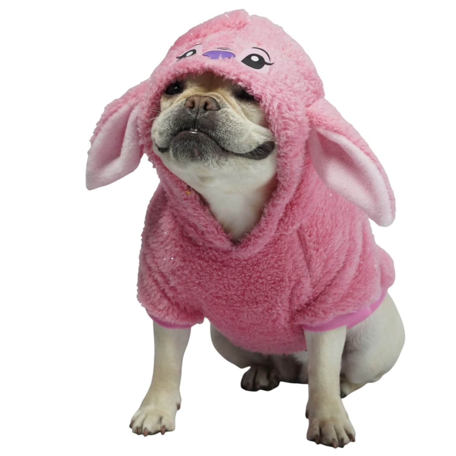 Buzo Angel Stitch rosa para perros y gatos en piel de 
conejo con orejas en capota vista frontal - Animal Power Colombia
