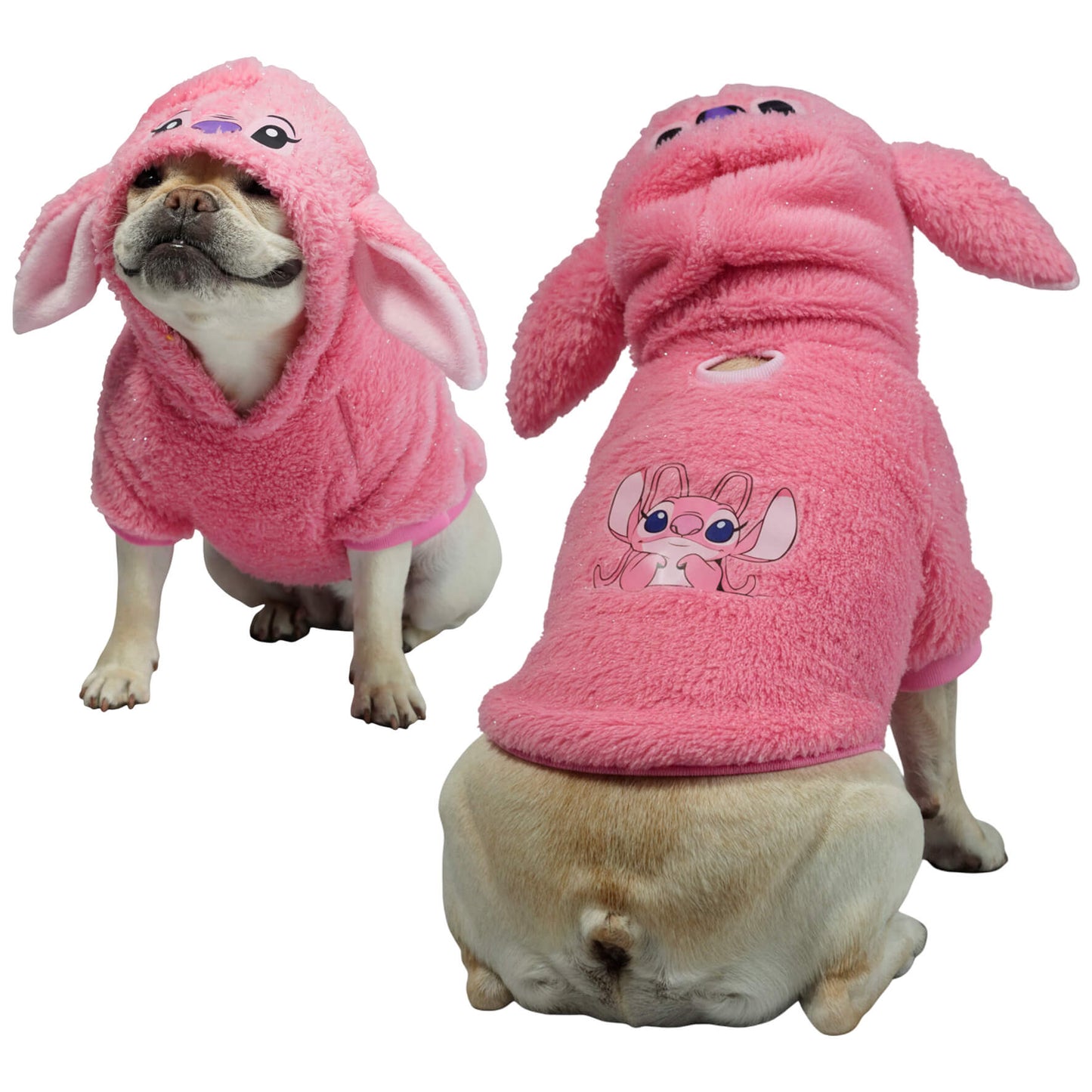 Buzo Angel Stitch rosa para perros y gatos en piel de 
conejo con orejas en capota vista frontal - Animal Power Colombia
