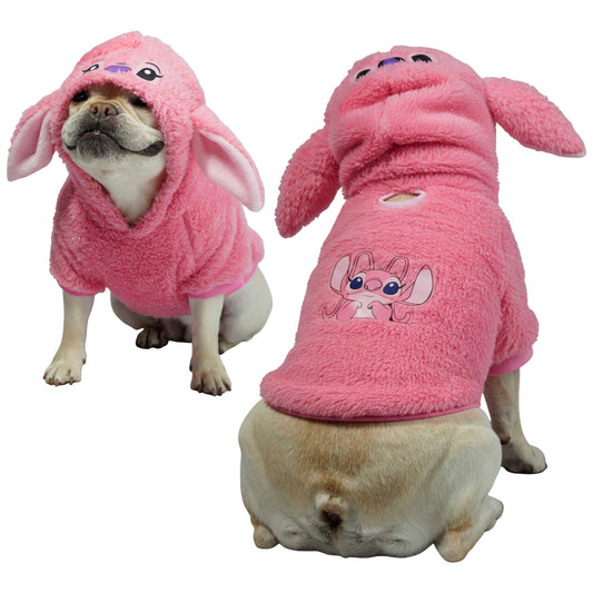 Buzo Angel Stitch rosa para perros y gatos en piel de 
conejo con orejas en capota vista frontal - Animal Power Colombia
