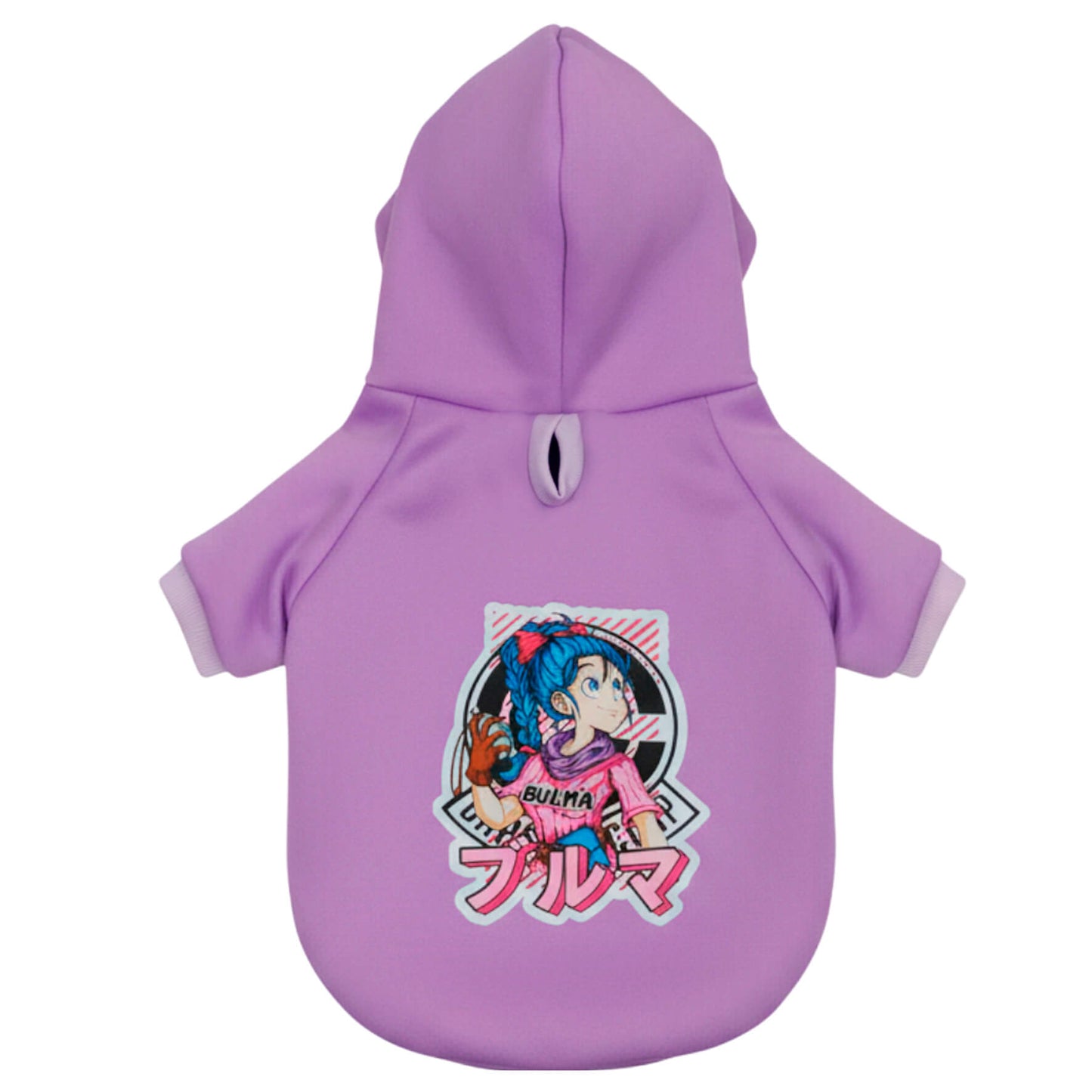 Buzo anime Bulma para perros y gatos en algodón perchado 
morado vista frontal - Animal Power Colombia 2

