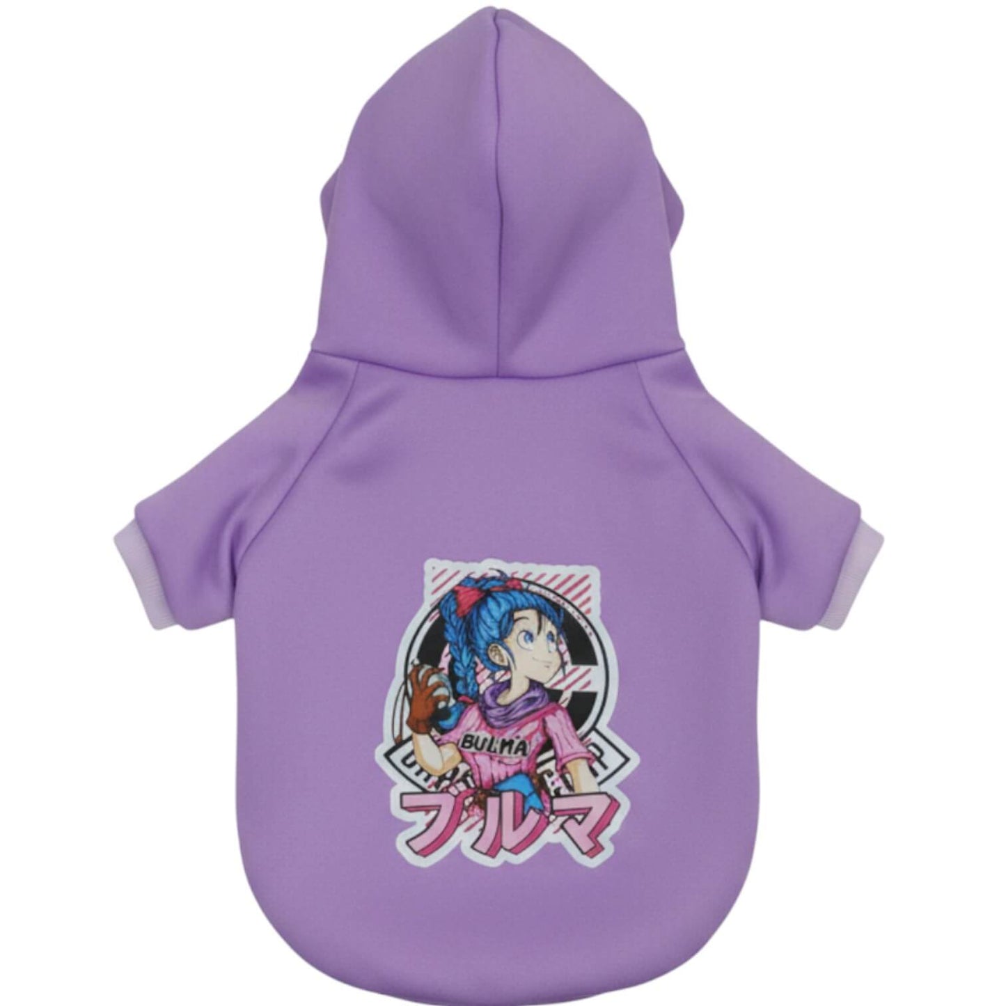 Buzo anime Bulma para perros y gatos en algodón perchado 
morado vista frontal - Animal Power Colombia 3
