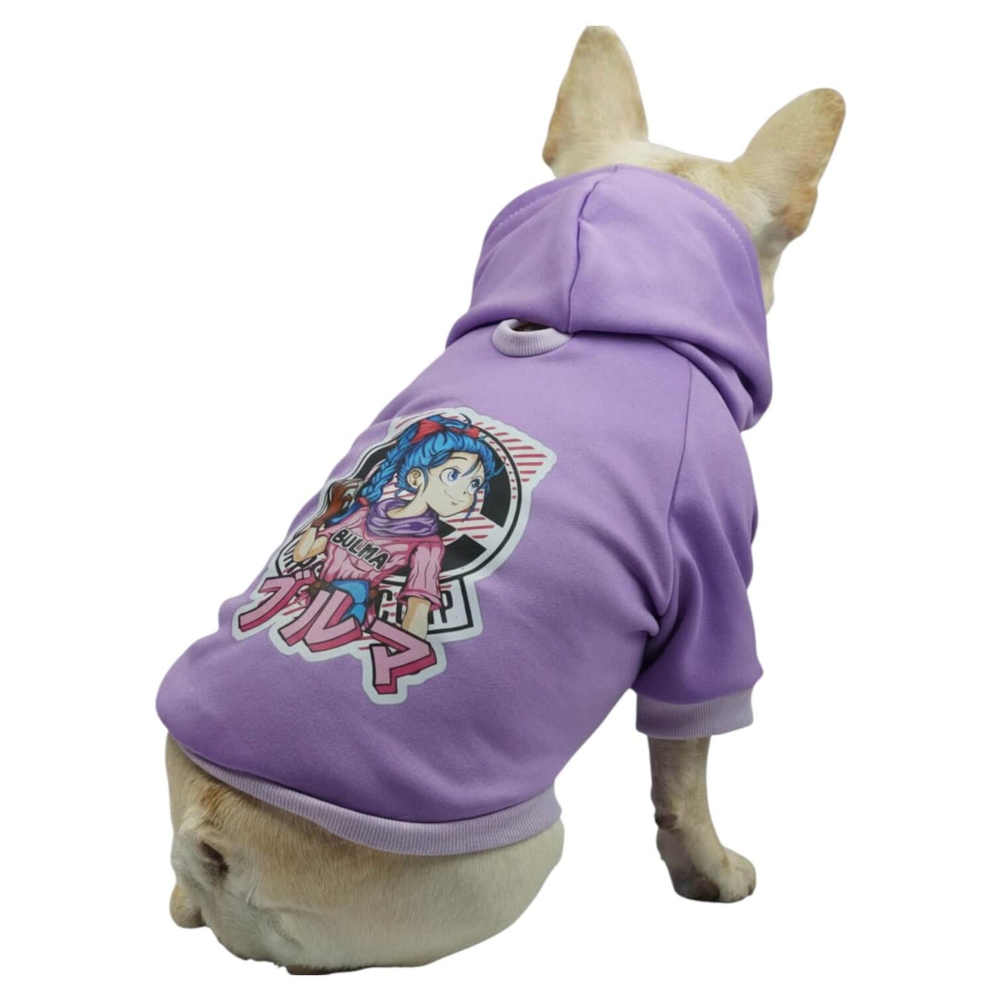 Buzo anime Bulma para perros y gatos en algodón perchado 
morado vista frontal - Animal Power Colombia 4
