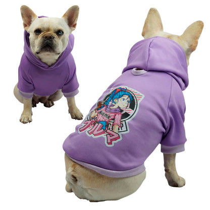 Buzo anime Bulma para perros y gatos en algodón perchado 
morado vista frontal - Animal Power Colombia
