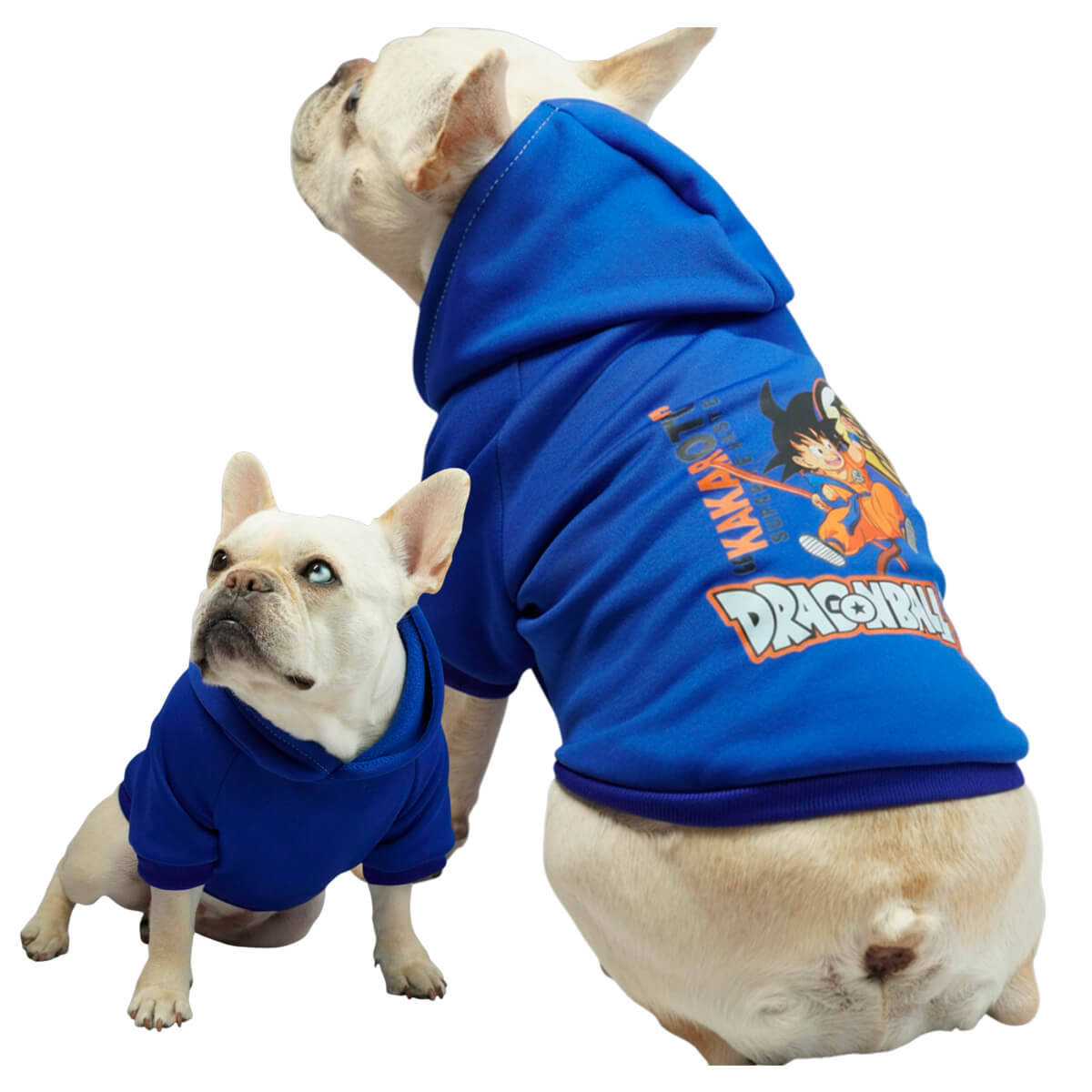 Buzo anime Dragon Ball para perros y gatos en algodón 
perchado azul vista frontal - Animal Power Colombia
