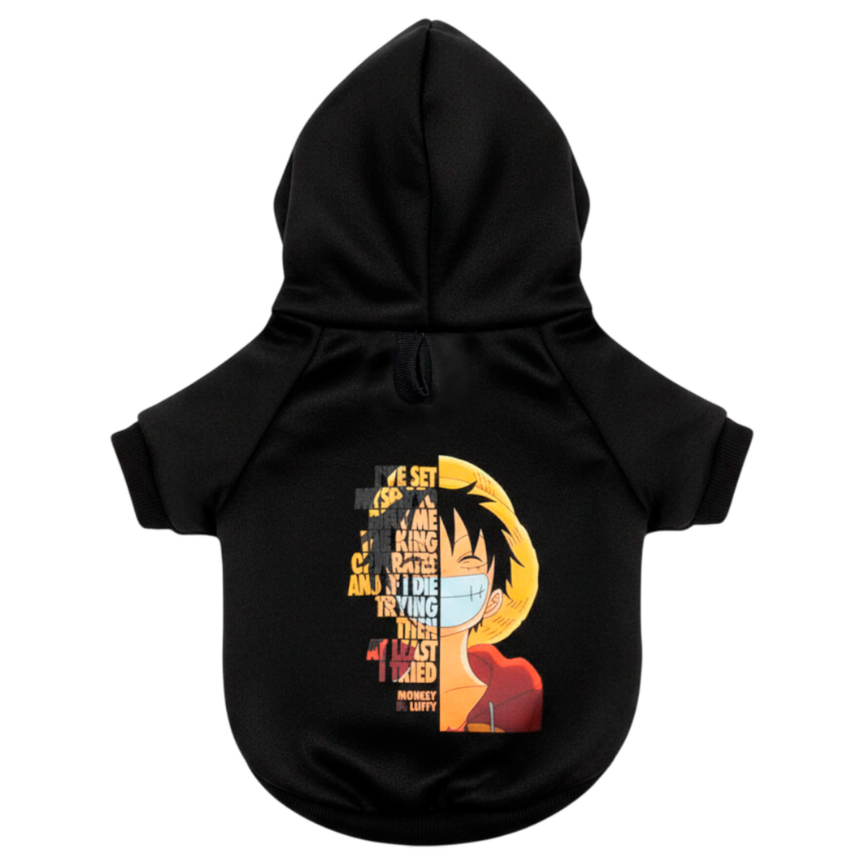 Buzo anime One Piece para perros y gatos en algodón 
perchado negro vista frontal - Animal Power Colombia
2