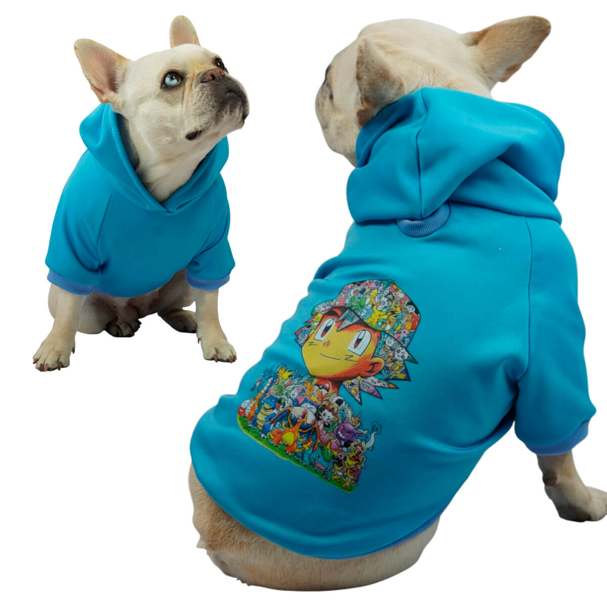  Buzo anime Pokémon Ash para perros y gatos en algodón 
perchado azul vista frontal - Animal Power Colombia
