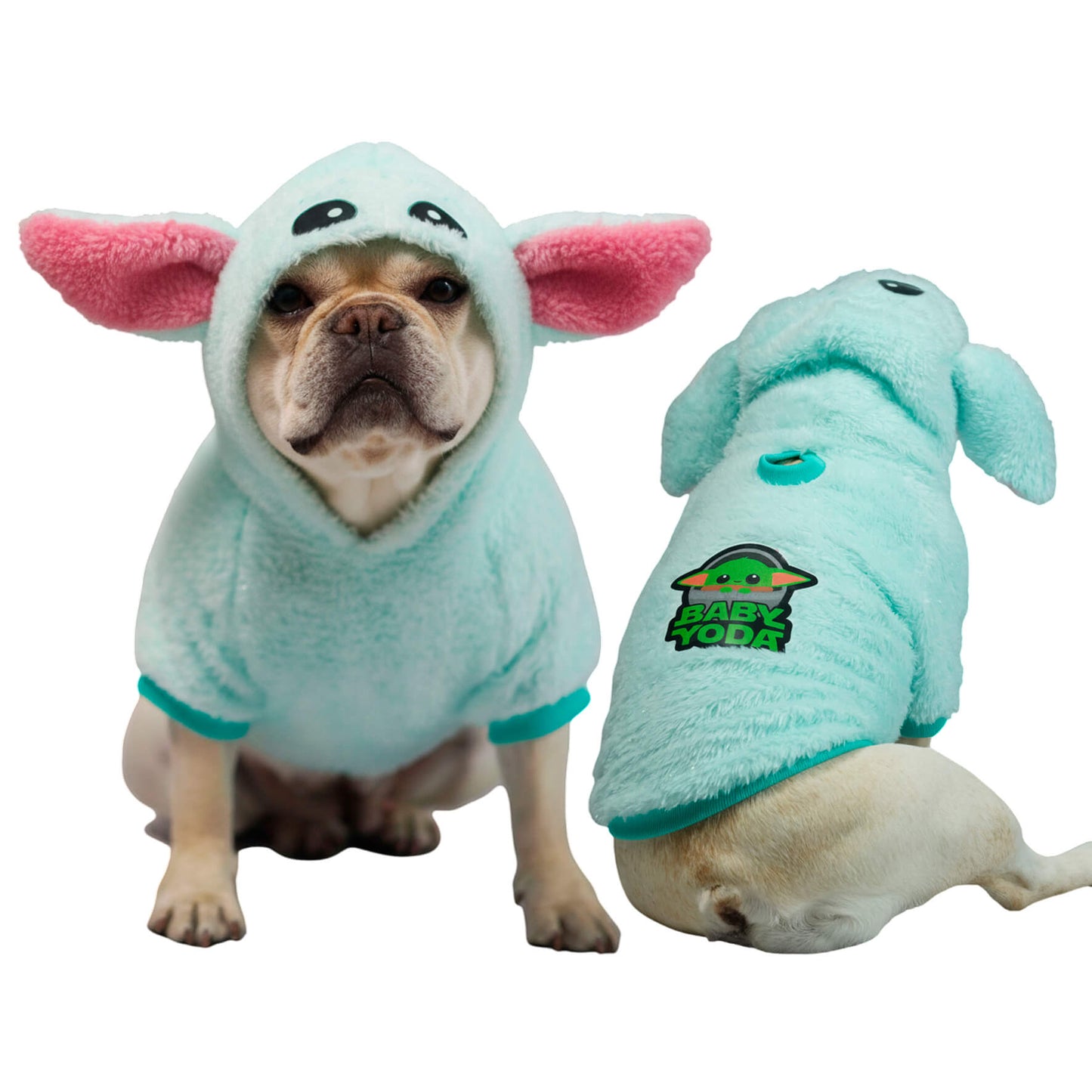 Buzo Baby Yoda para perros y gatos en piel de conejo verde 
con orejas en capota vista frontal - Animal Power Colombia
