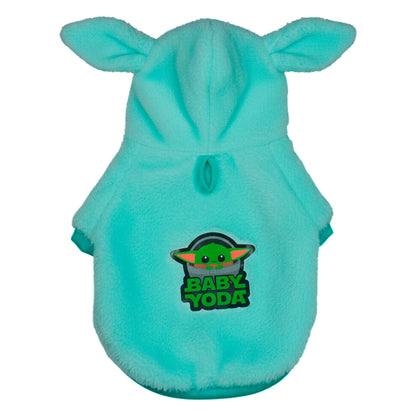 Buzo Baby Yoda para perros y gatos en piel de conejo verde 
con orejas en capota vista frontal - Animal Power Colombia
