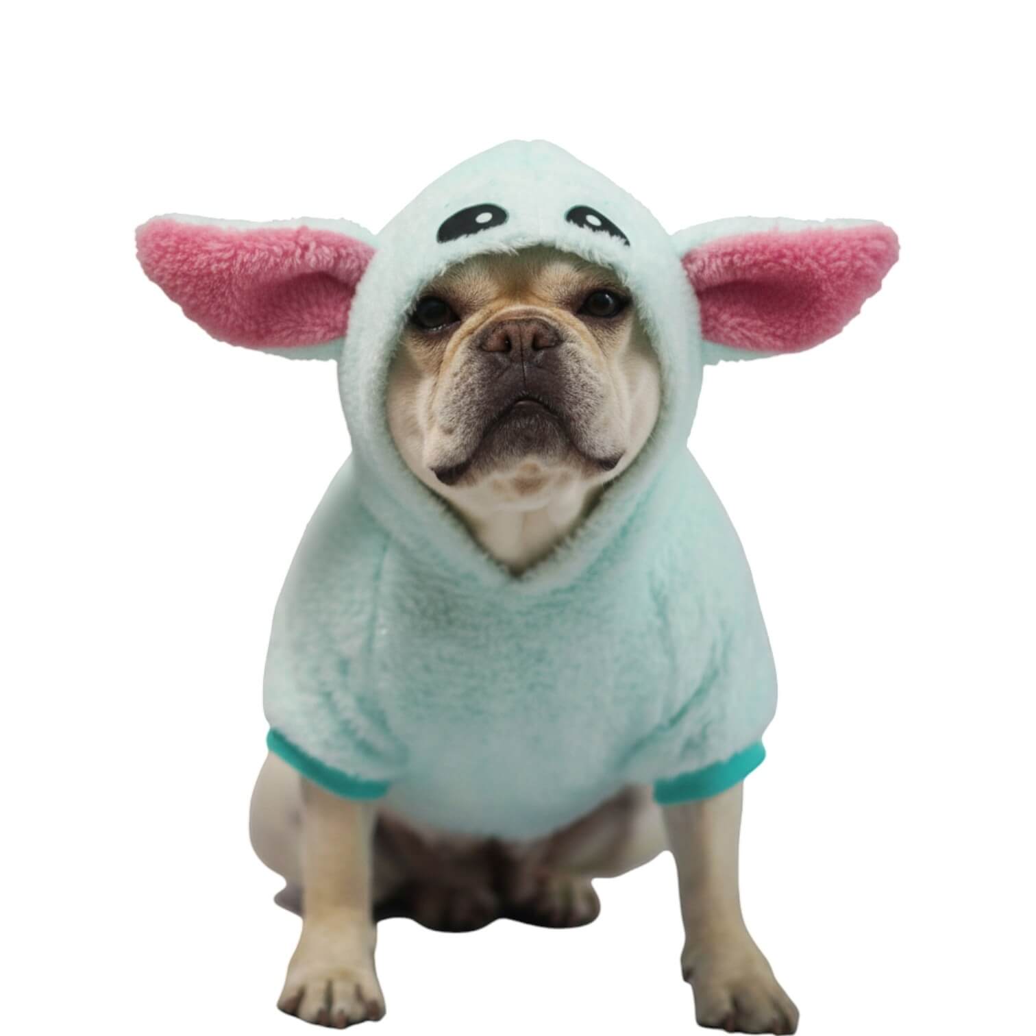 Buzo Baby Yoda para perros y gatos en piel de conejo verde 
con orejas en capota vista frontal - Animal Power Colombia
