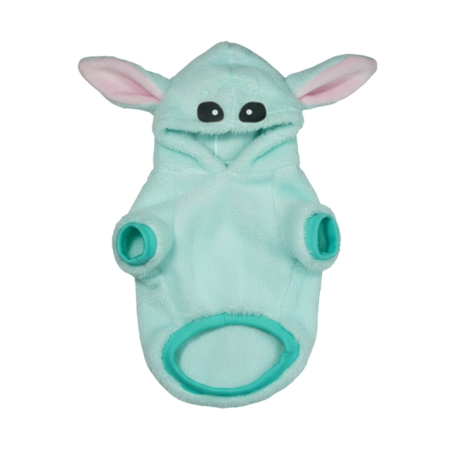 Buzo Baby Yoda para perros y gatos en piel de conejo verde 
con orejas en capota vista frontal - Animal Power Colombia
