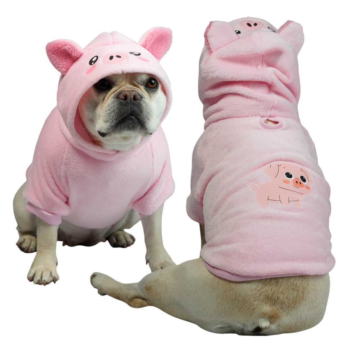 Buzo Cerdita para perros y gatos en piel de conejo rosado 
con orejas en capota vista frontal - Animal Power Colombia
