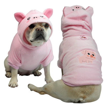 Buzo Cerdita para perros y gatos en piel de conejo rosado 
con orejas en capota vista frontal - Animal Power Colombia
