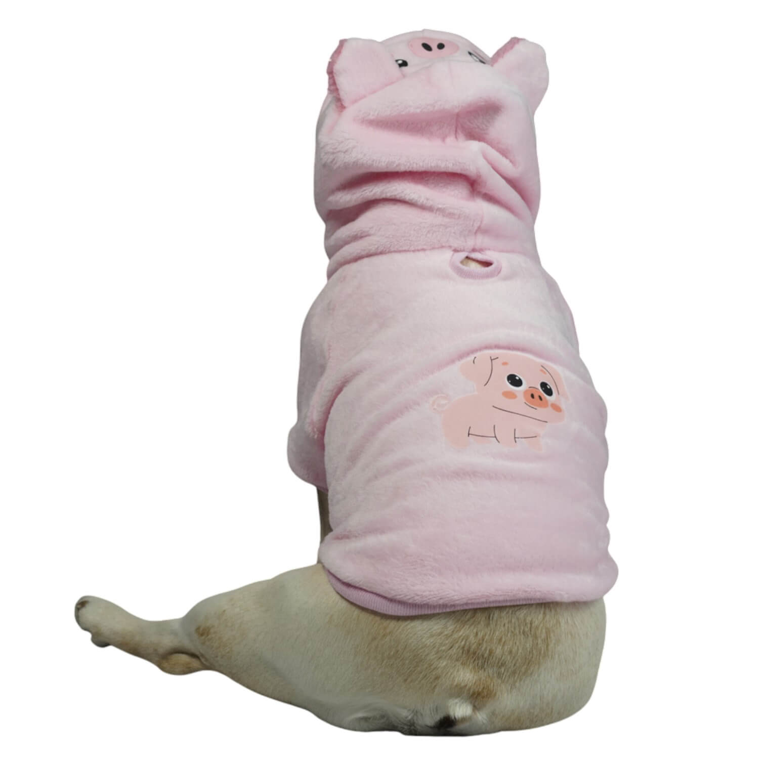 Buzo Cerdita para perros y gatos en piel de conejo rosado 
con orejas en capota vista frontal - Animal Power Colombia
