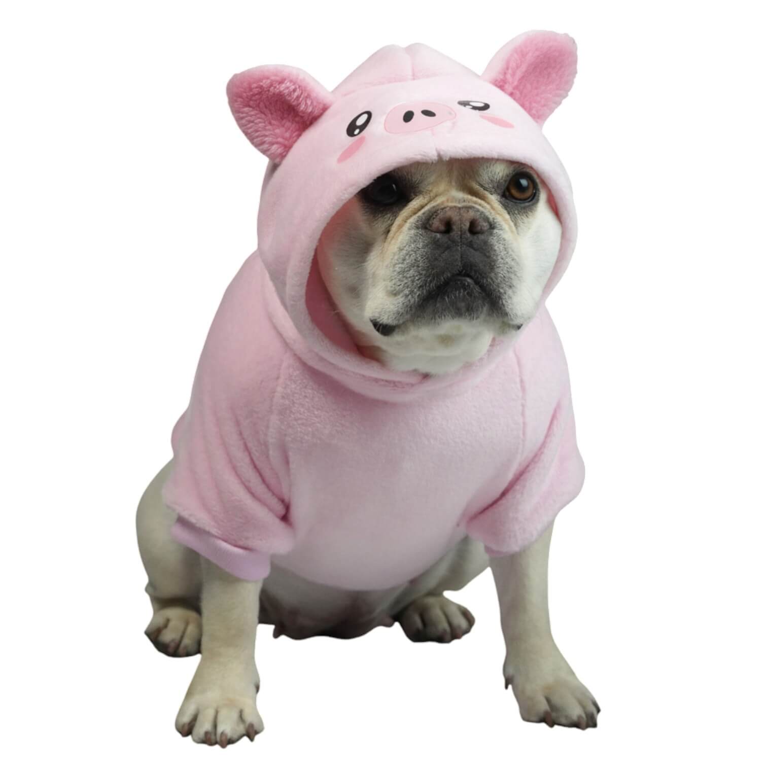 Buzo Cerdita para perros y gatos en piel de conejo rosado 
con orejas en capota vista frontal - Animal Power Colombia
