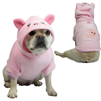 Buzo Cerdita para perros y gatos en piel de conejo rosado 
con orejas en capota vista frontal - Animal Power Colombia

