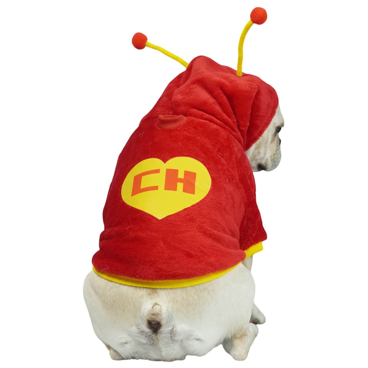  Buzo Chapulín Colorado para perros y gatos en piel de 
conejo rojo con antenas en capota vista frontal - Animal Power Colombia
