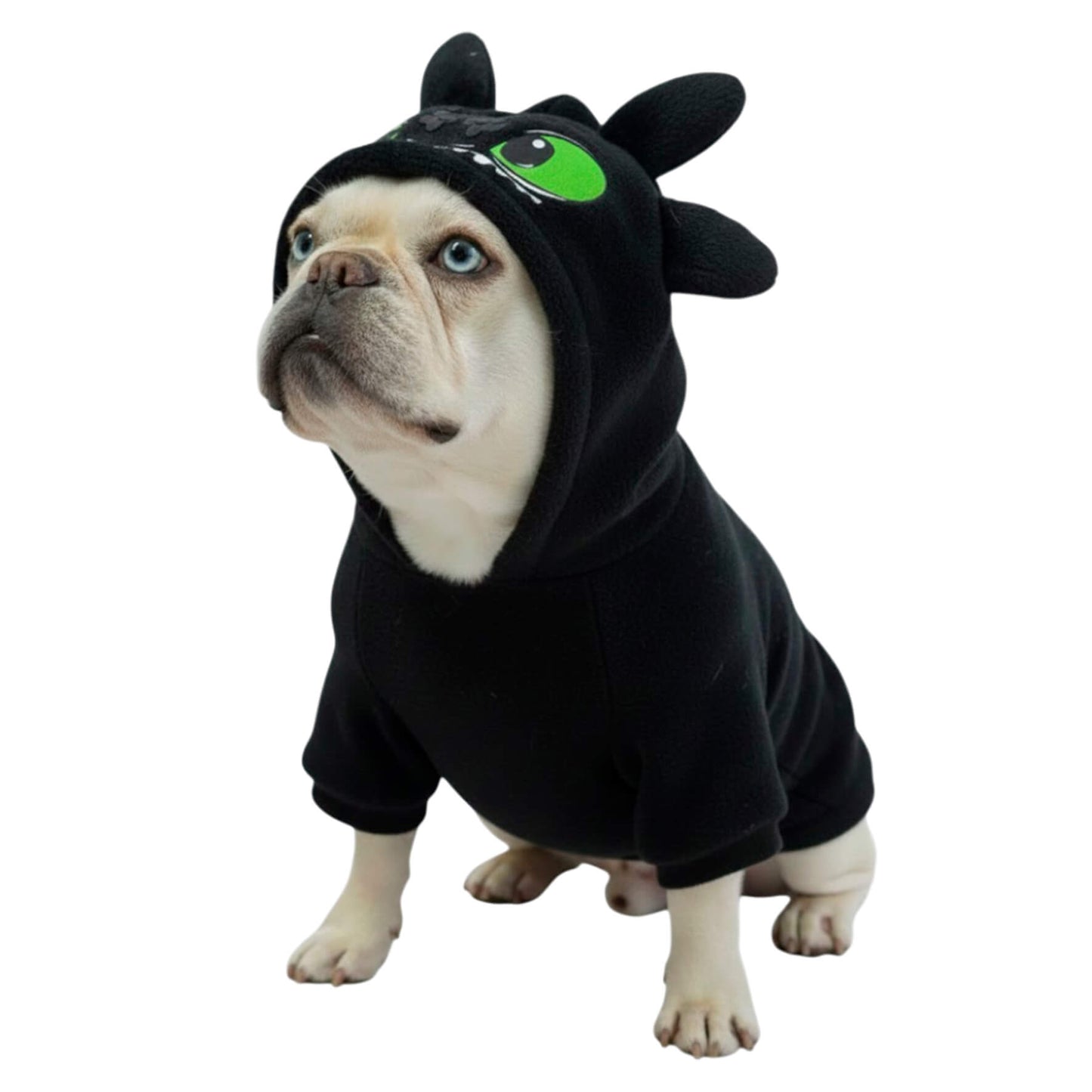  Buzo Chimuelo para perros y gatos en piel de conejo negro 
con orejas en capota vista frontal - Animal Power Colombia
