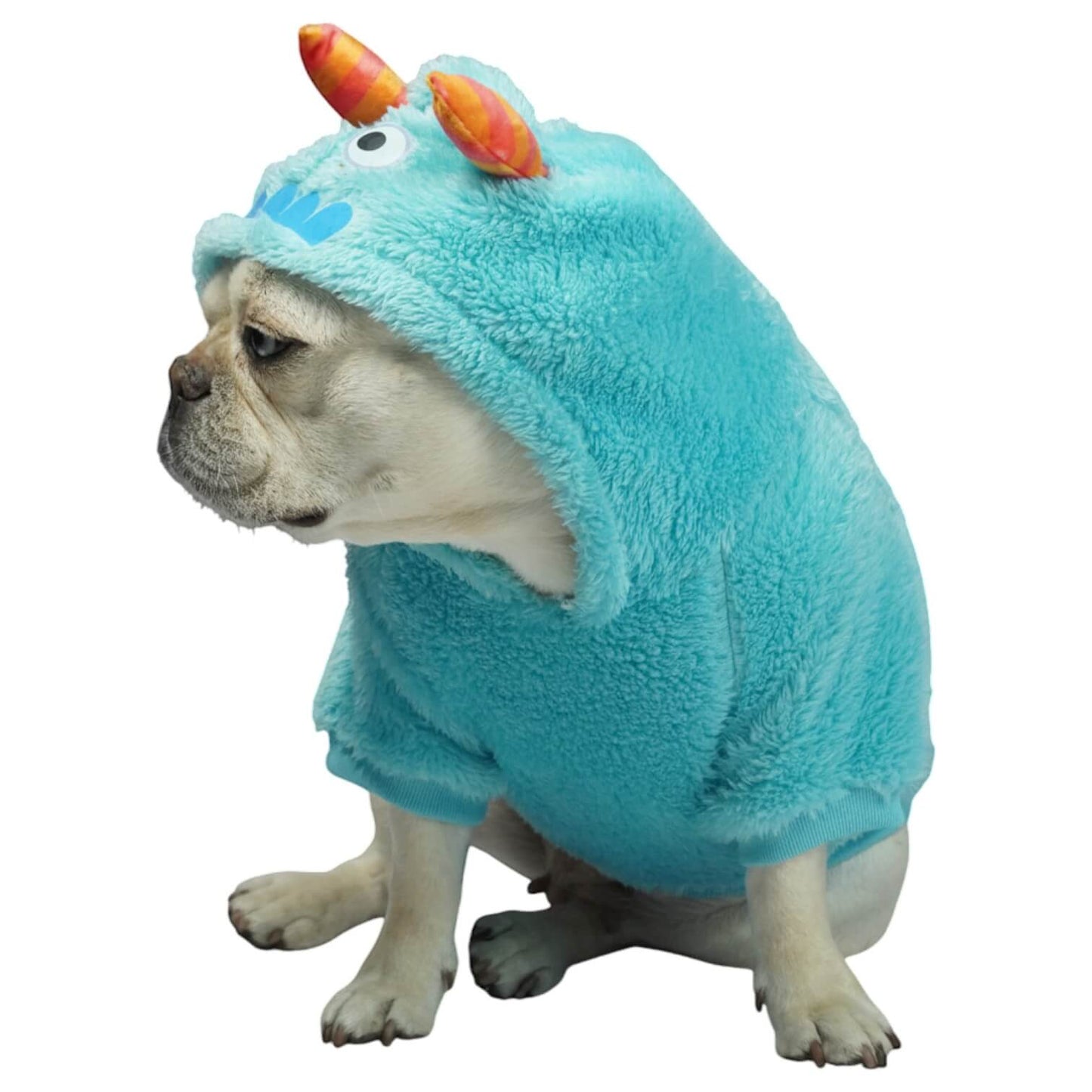 Buzo Monstruo Azul para perros y gatos en piel de conejo 
azul con orejas en capota vista frontal - Animal Power Colombia
