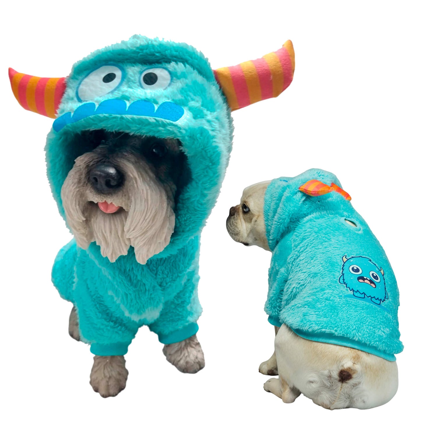 Buzo Monstruo Azul para perros y gatos en piel de conejo 
azul con orejas en capota vista frontal - Animal Power Colombia
