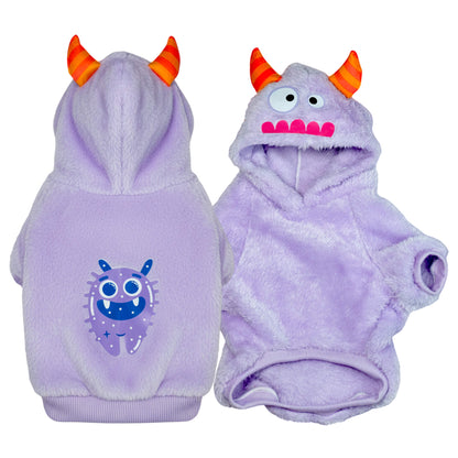 Buzo Monstruo Morado para perros y gatos en piel de conejo 
morado con orejas en capota vista frontal - Animal Power Colombia
