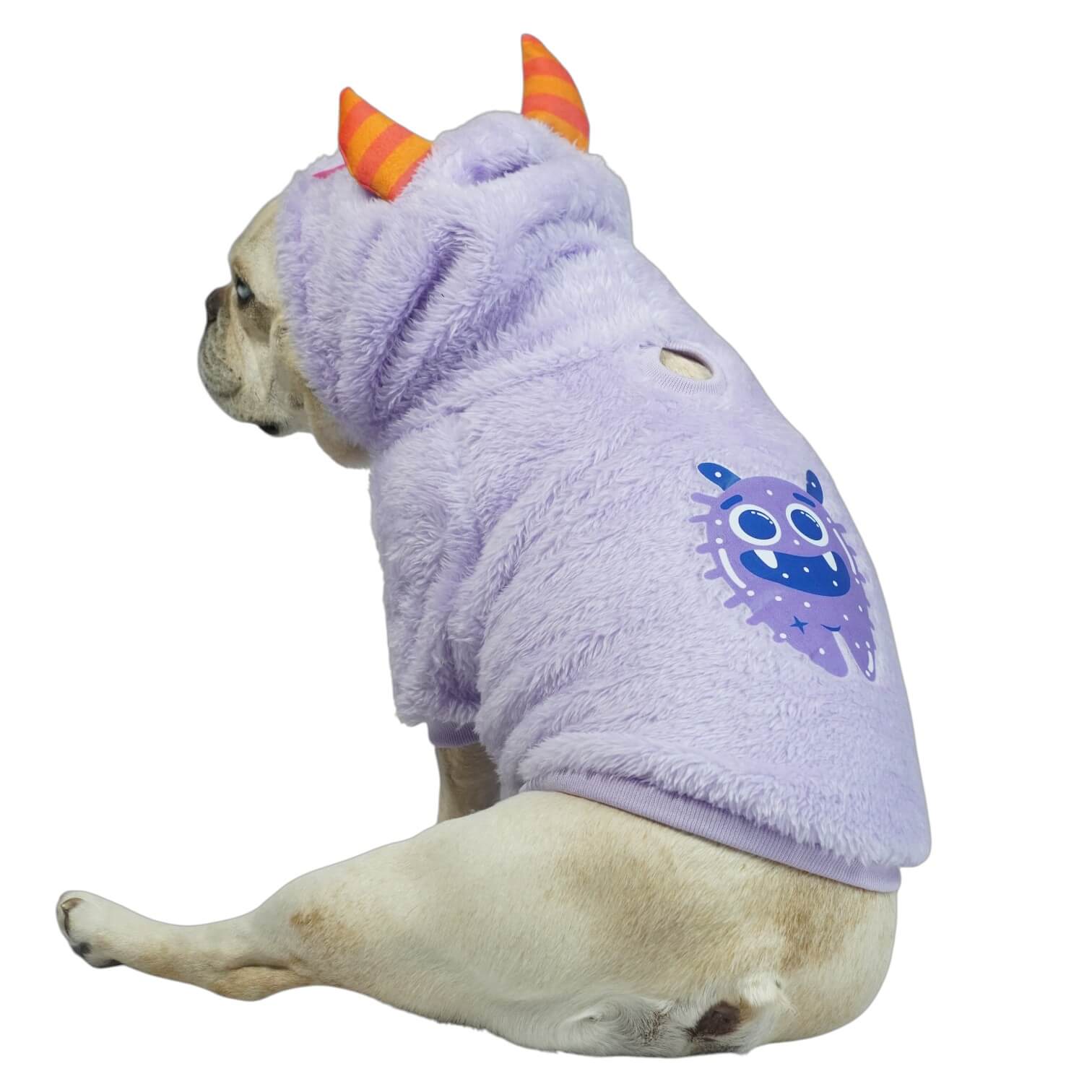 Buzo Monstruo Morado para perros y gatos en piel de conejo 
morado con orejas en capota vista frontal - Animal Power Colombia
