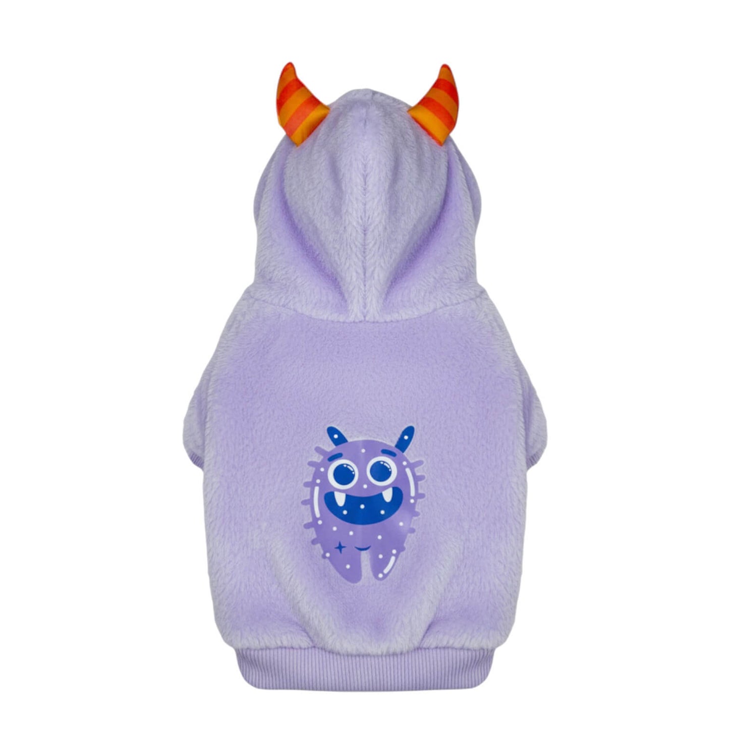 Buzo Monstruo Morado para perros y gatos en piel de conejo 
morado con orejas en capota vista frontal - Animal Power Colombia
