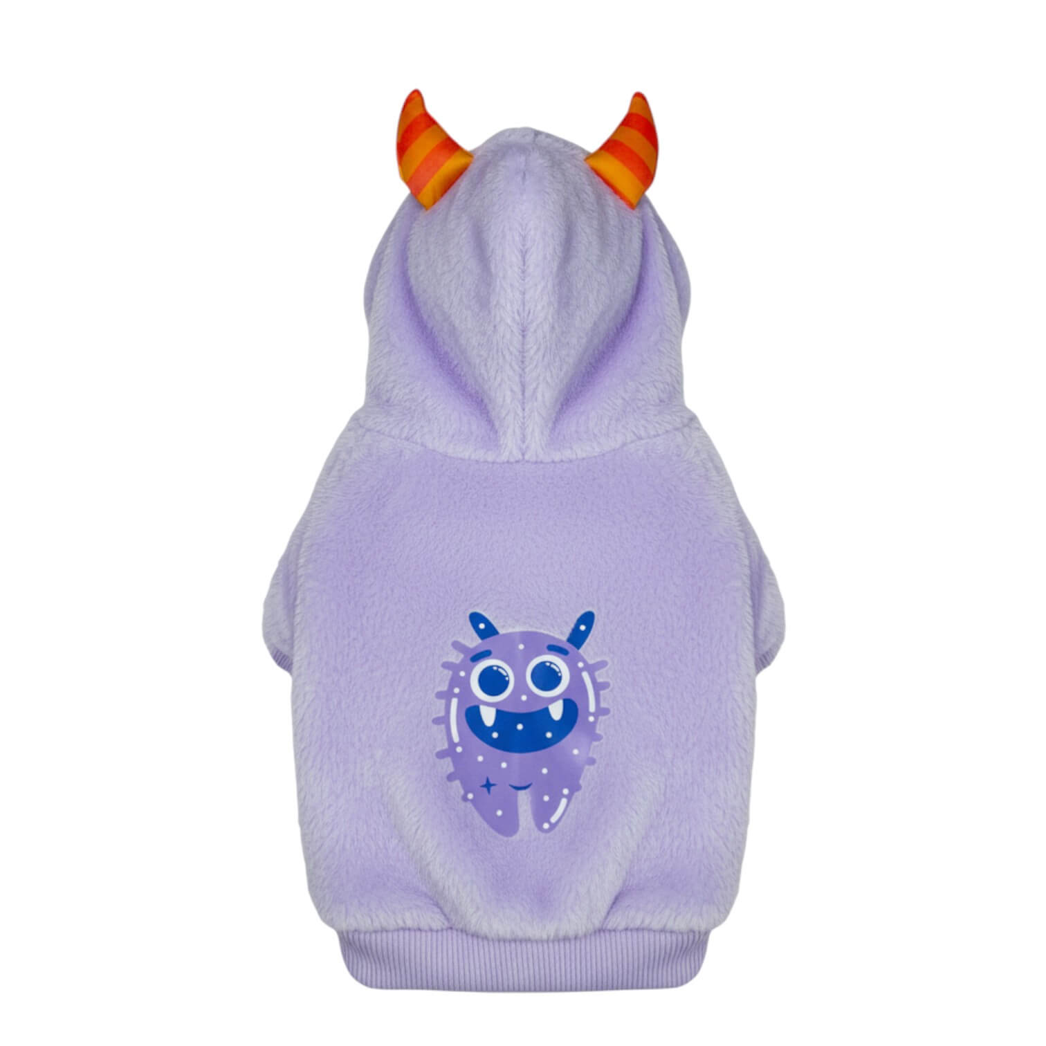 Buzo Monstruo Morado para perros y gatos en piel de conejo 
morado con orejas en capota vista frontal - Animal Power Colombia
