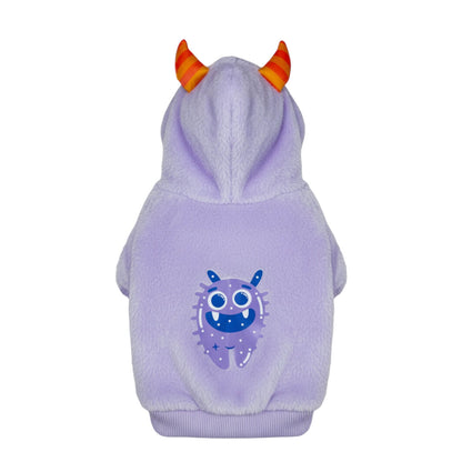 Buzo Monstruo Morado para perros y gatos en piel de conejo 
morado con orejas en capota vista frontal - Animal Power Colombia
