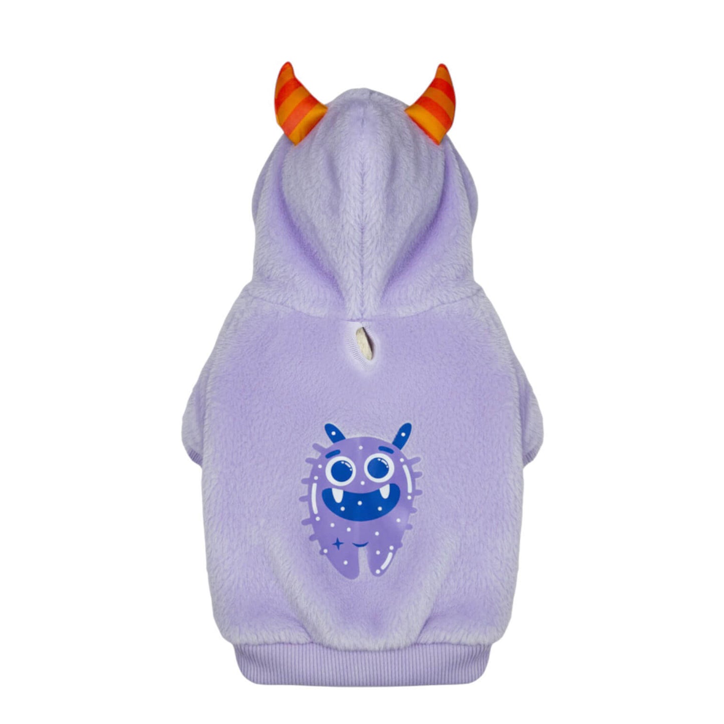 Buzo Monstruo Morado para perros y gatos en piel de conejo 
morado con orejas en capota vista frontal - Animal Power Colombia
