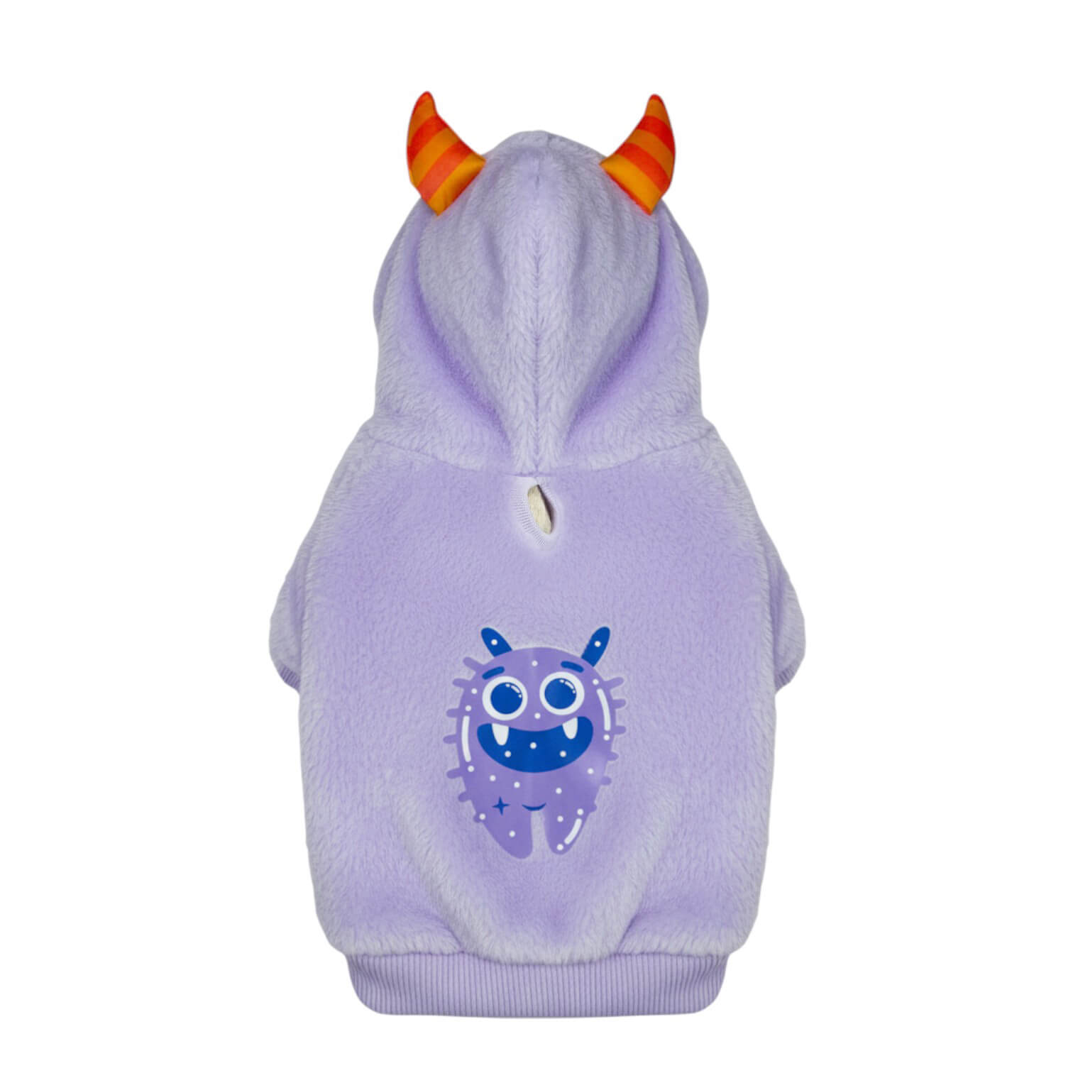 Buzo Monstruo Morado para perros y gatos en piel de conejo 
morado con orejas en capota vista frontal - Animal Power Colombia
