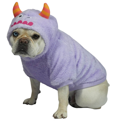 Buzo Monstruo Morado para perros y gatos en piel de conejo 
morado con orejas en capota vista frontal - Animal Power Colombia
