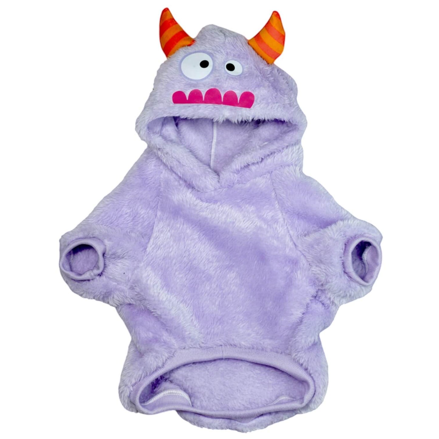 Buzo Monstruo Morado para perros y gatos en piel de conejo 
morado con orejas en capota vista frontal - Animal Power Colombia
