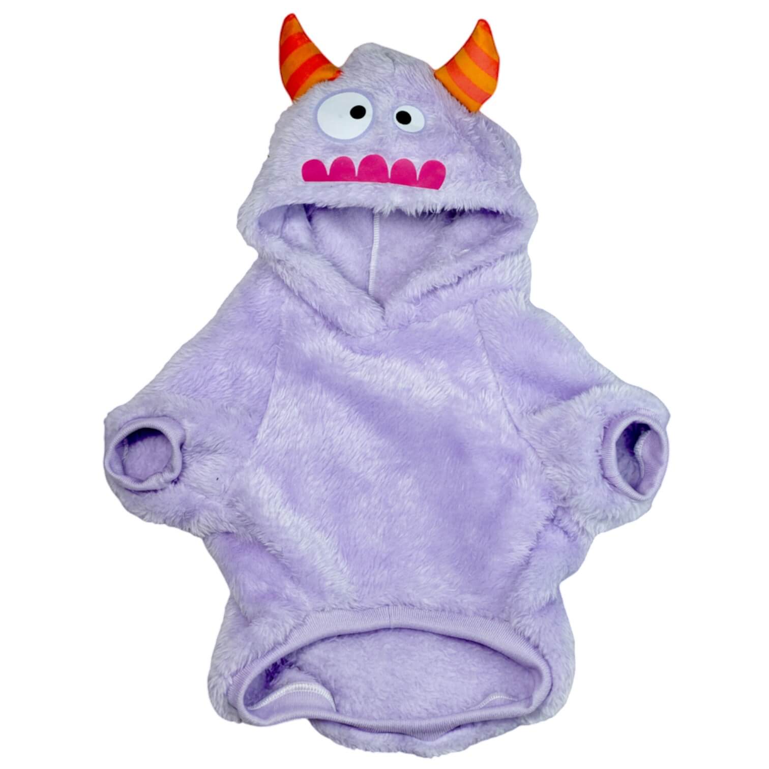 Buzo Monstruo Morado para perros y gatos en piel de conejo 
morado con orejas en capota vista frontal - Animal Power Colombia
