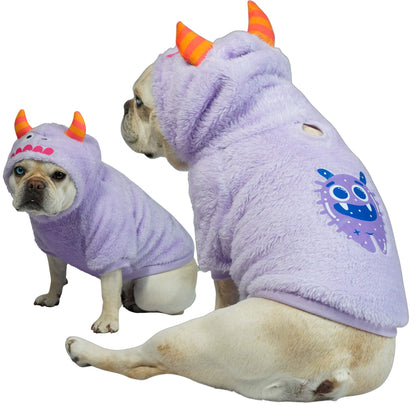 Buzo Monstruo Morado para perros y gatos en piel de conejo 
morado con orejas en capota vista frontal - Animal Power Colombia
