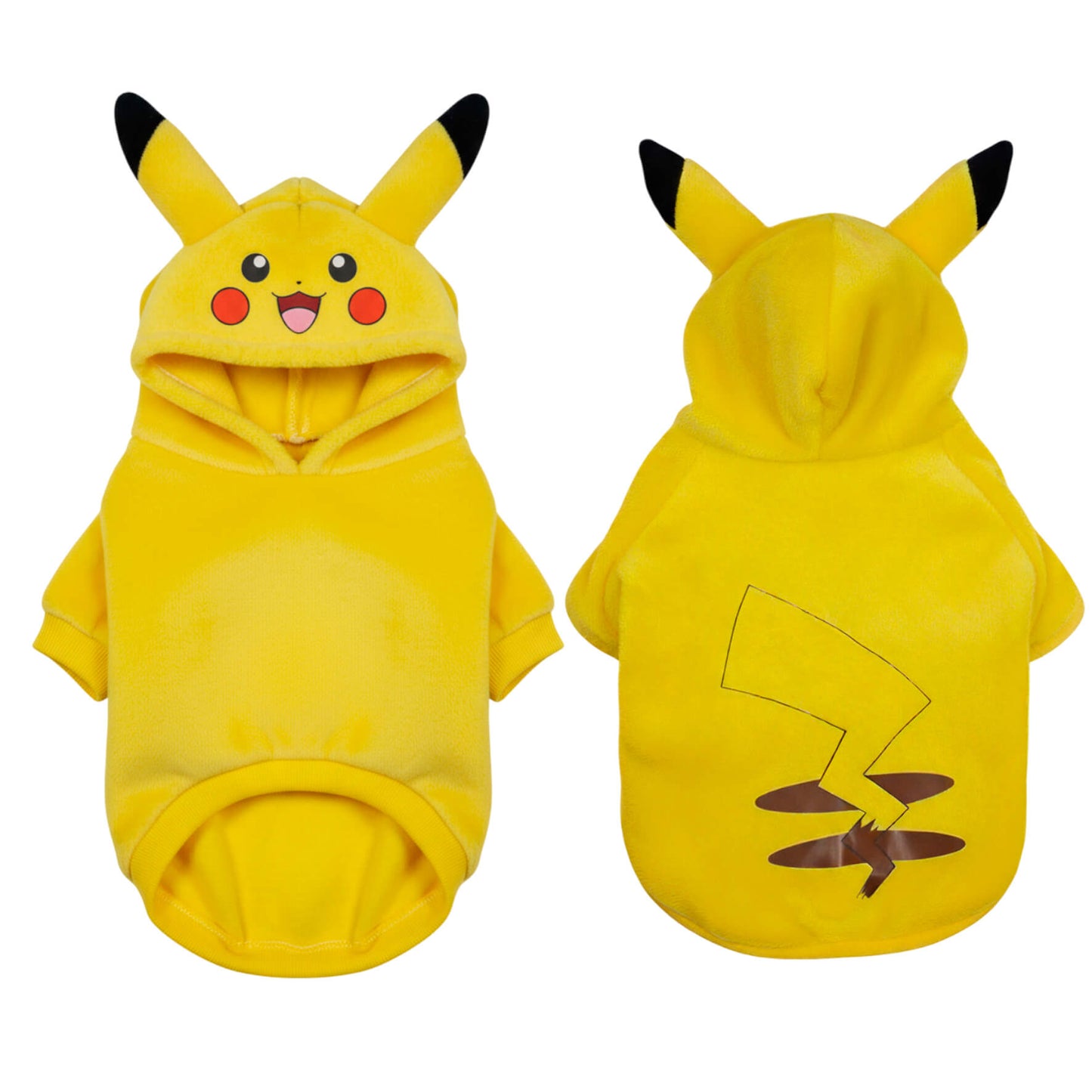  Buzo Pikachu para perros y gatos en piel de conejo amarillo 
con orejas en capota vista frontal - Animal Power Colombia
