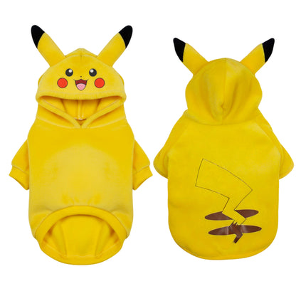  Buzo Pikachu para perros y gatos en piel de conejo amarillo 
con orejas en capota vista frontal - Animal Power Colombia
