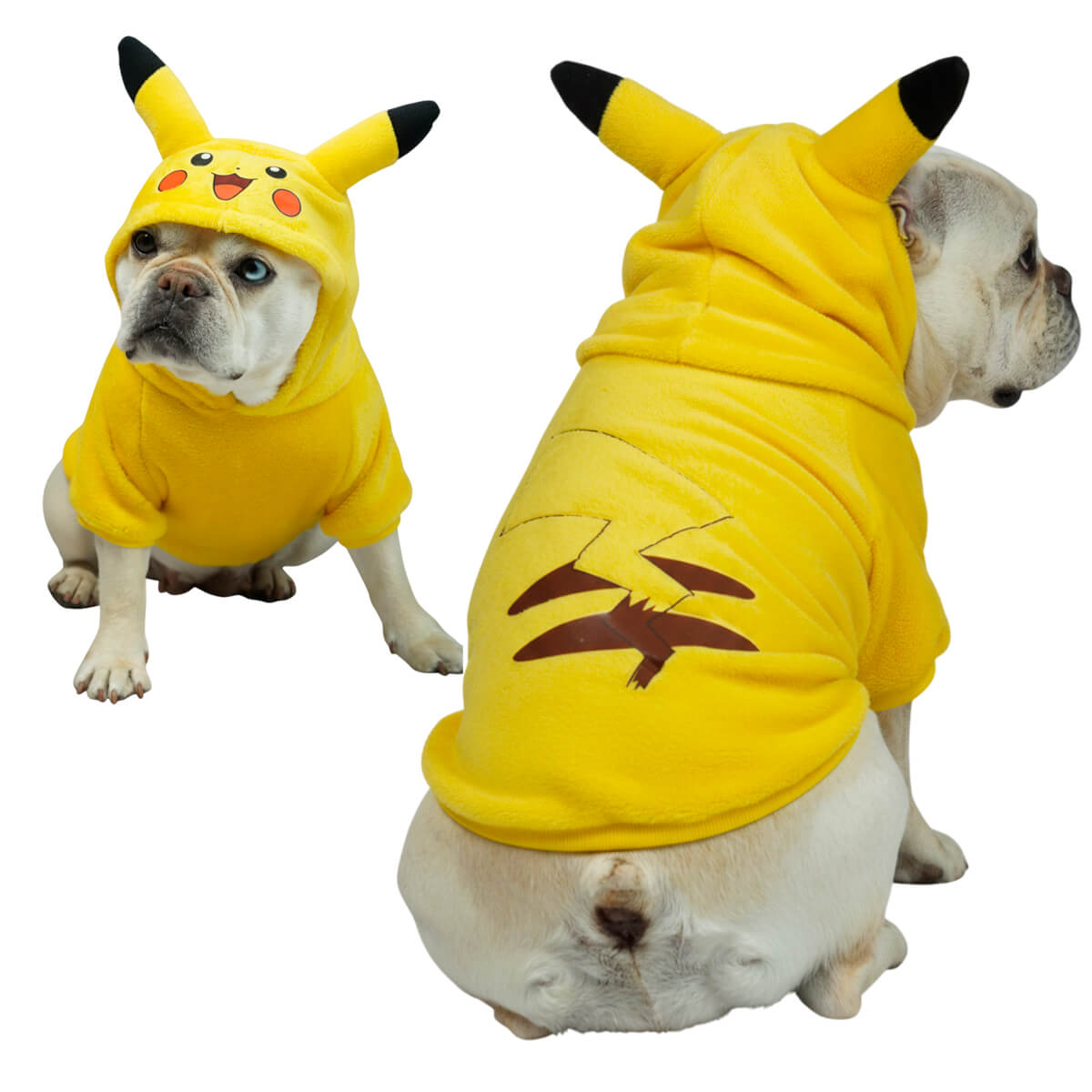  Buzo Pikachu para perros y gatos en piel de conejo amarillo 
con orejas en capota vista frontal - Animal Power Colombia
