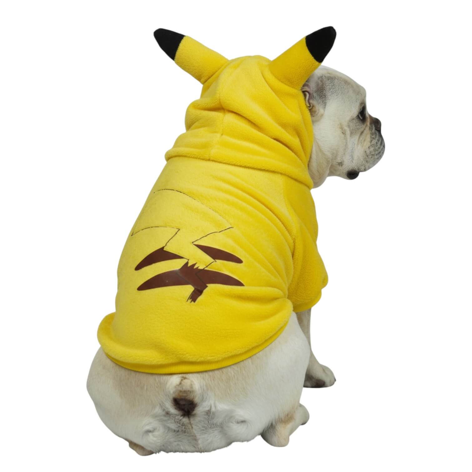  Buzo Pikachu para perros y gatos en piel de conejo amarillo 
con orejas en capota vista frontal - Animal Power Colombia
