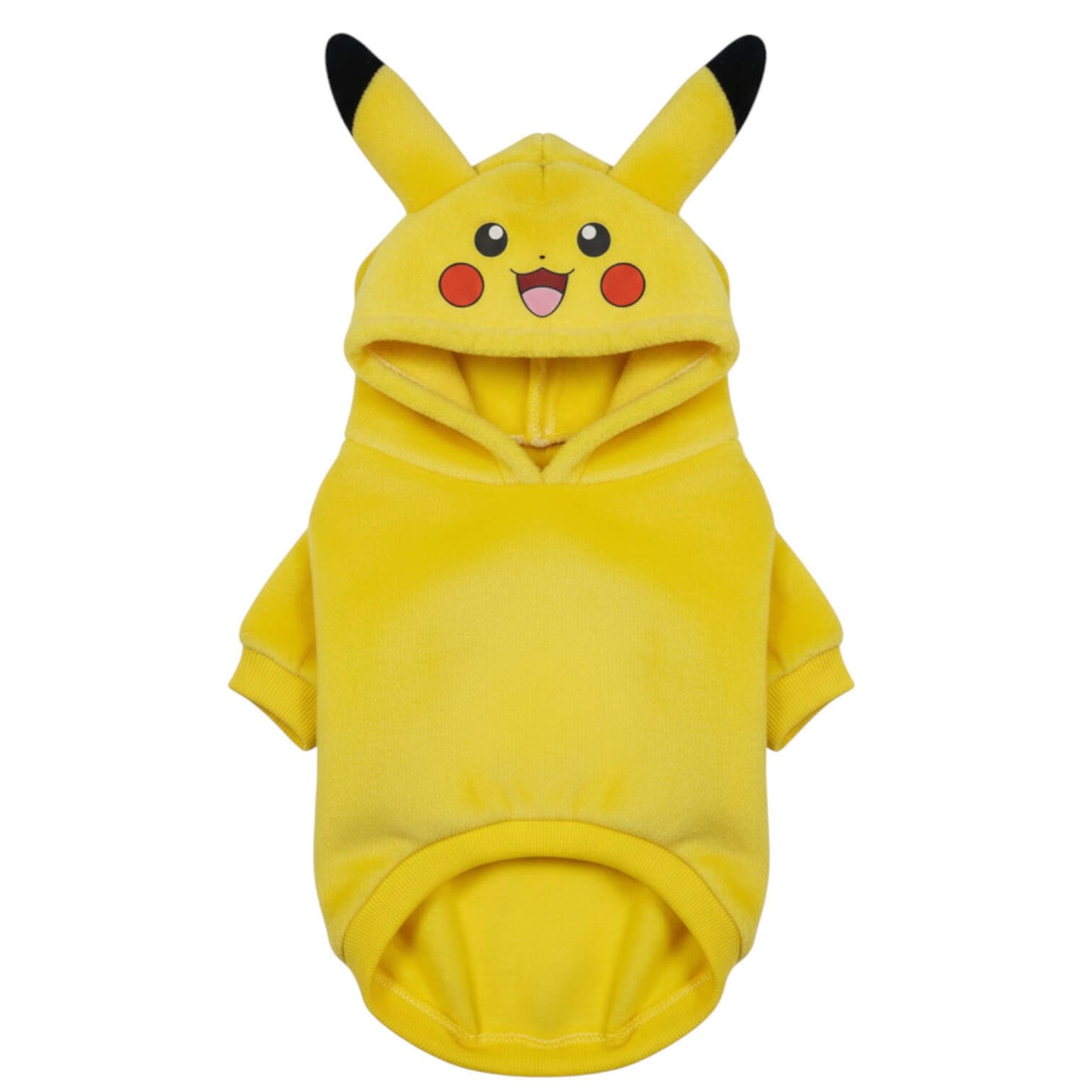  Buzo Pikachu para perros y gatos en piel de conejo amarillo 
con orejas en capota vista frontal - Animal Power Colombia
