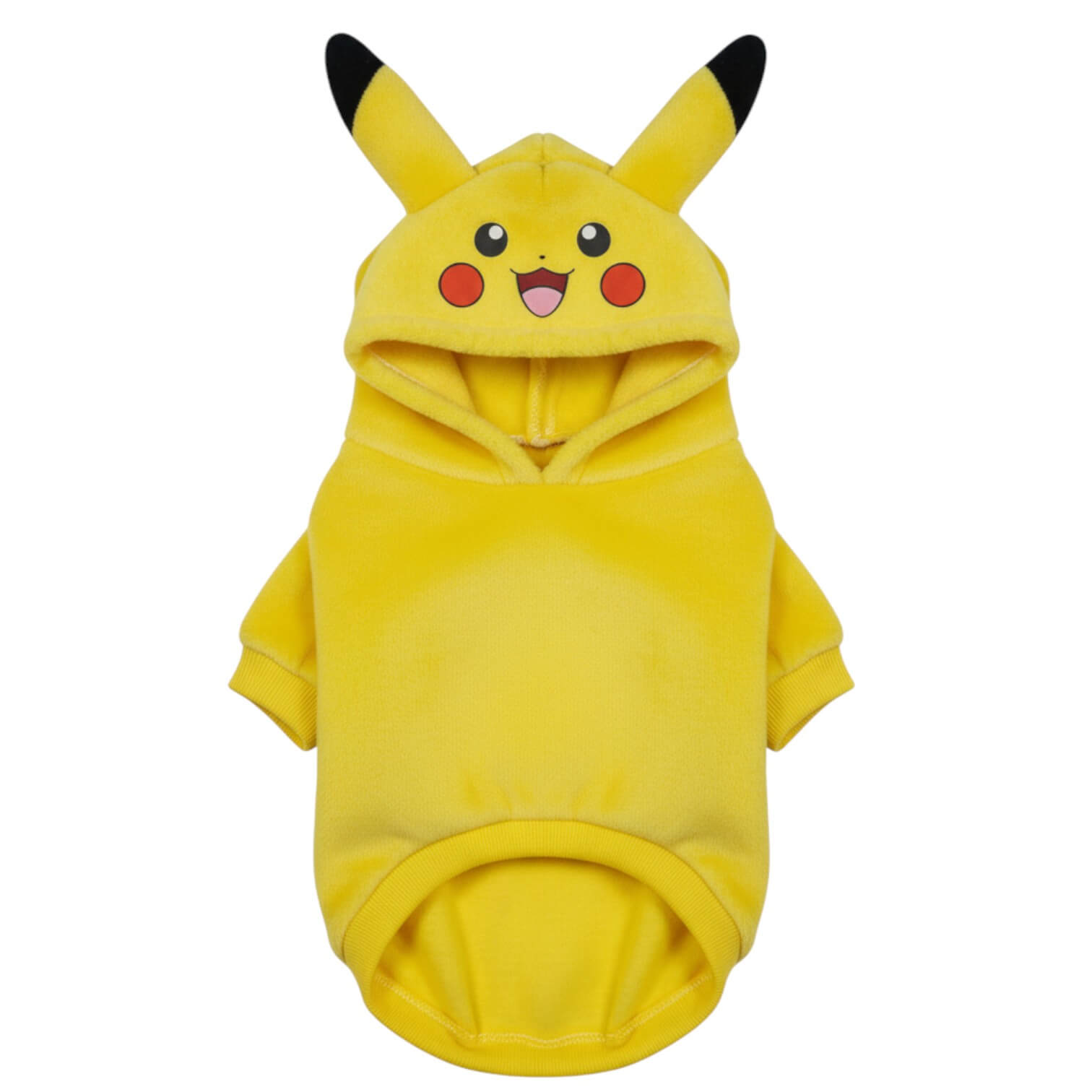  Buzo Pikachu para perros y gatos en piel de conejo amarillo 
con orejas en capota vista frontal - Animal Power Colombia

