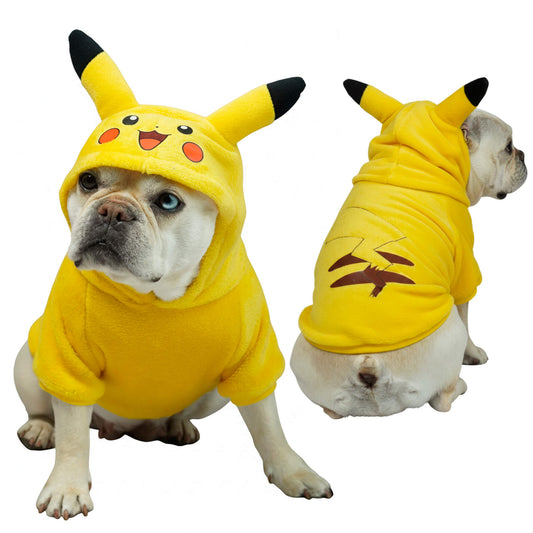  Buzo Pikachu para perros y gatos en piel de conejo amarillo 
con orejas en capota vista frontal - Animal Power Colombia
